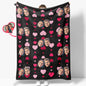 Personalised face and heart photo throw folded on a bed showcasing full-colour, all-over print and custom text option — perfect anniversary or Mother's Day gift