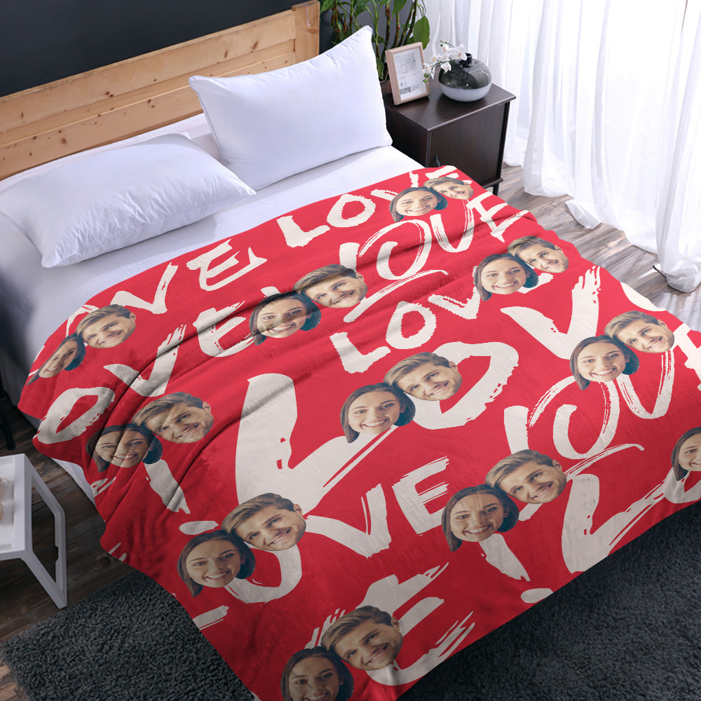 Reversible personalised blanket showing plush back and printed front with faces and heart — luxury custom photo throw for special occasions
