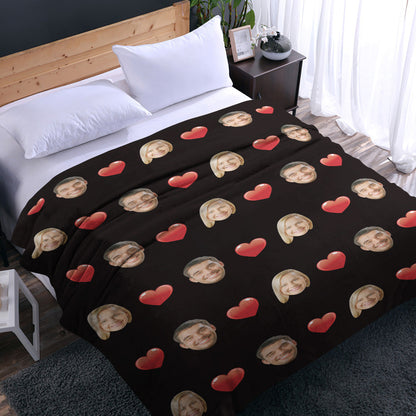 Personalised Face & Heart Photo Blanket draped on a sofa showing custom couple photos and heart design — luxury personalised photo throw for her, ideal Valentine's Day gift