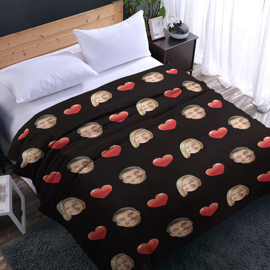 Personalised Face & Heart Photo Blanket draped on a sofa showing custom couple photos and heart design — luxury personalised photo throw for her, ideal Valentine's Day gift