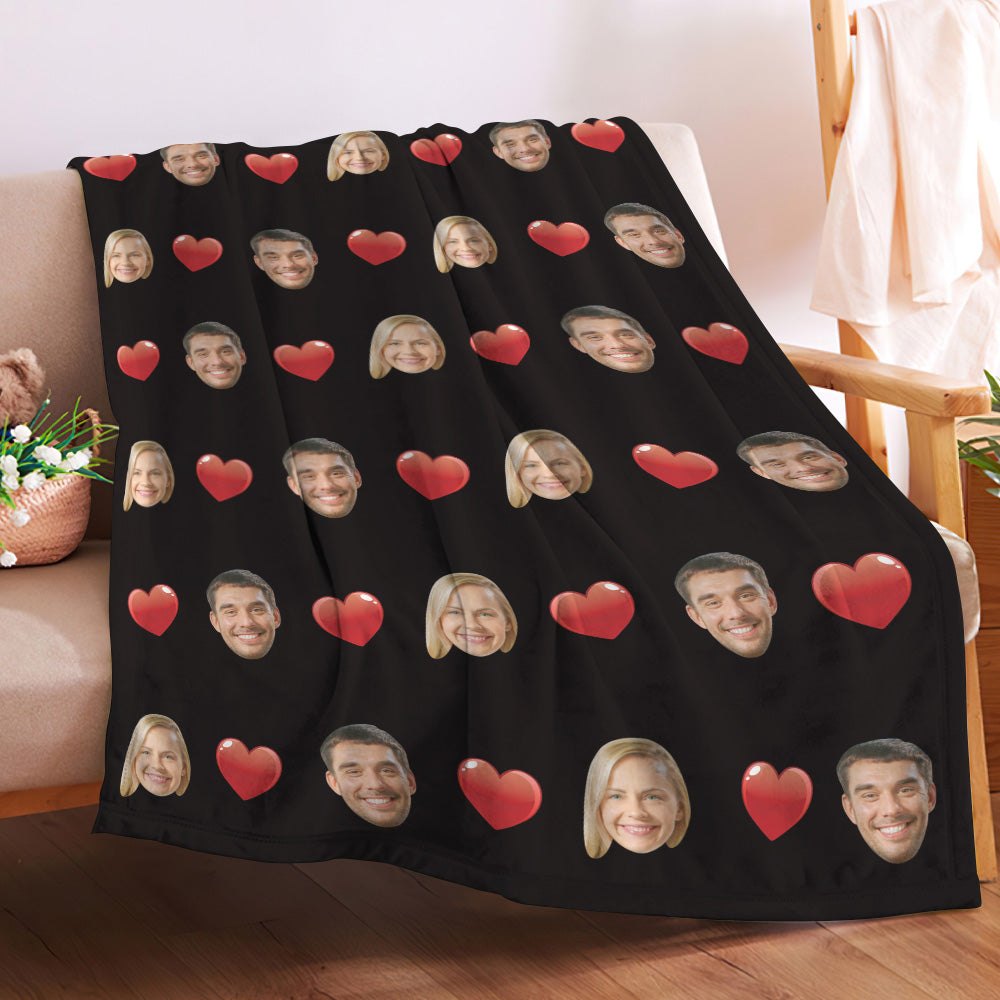 Close-up of personalised photo blanket front with golden mink wool texture and edge-to-edge face and heart print — custom photo blanket that resists fading