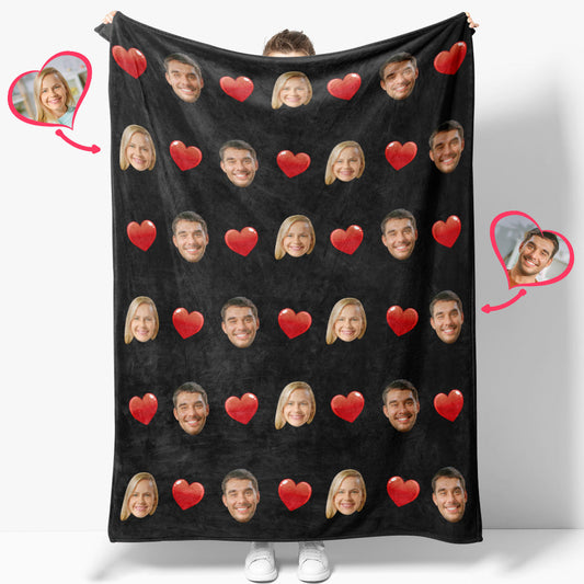 Personalised Face & Heart Photo Blanket draped on a sofa showing custom couple photos and heart design — luxury personalised photo throw for her, ideal Valentine's Day gift