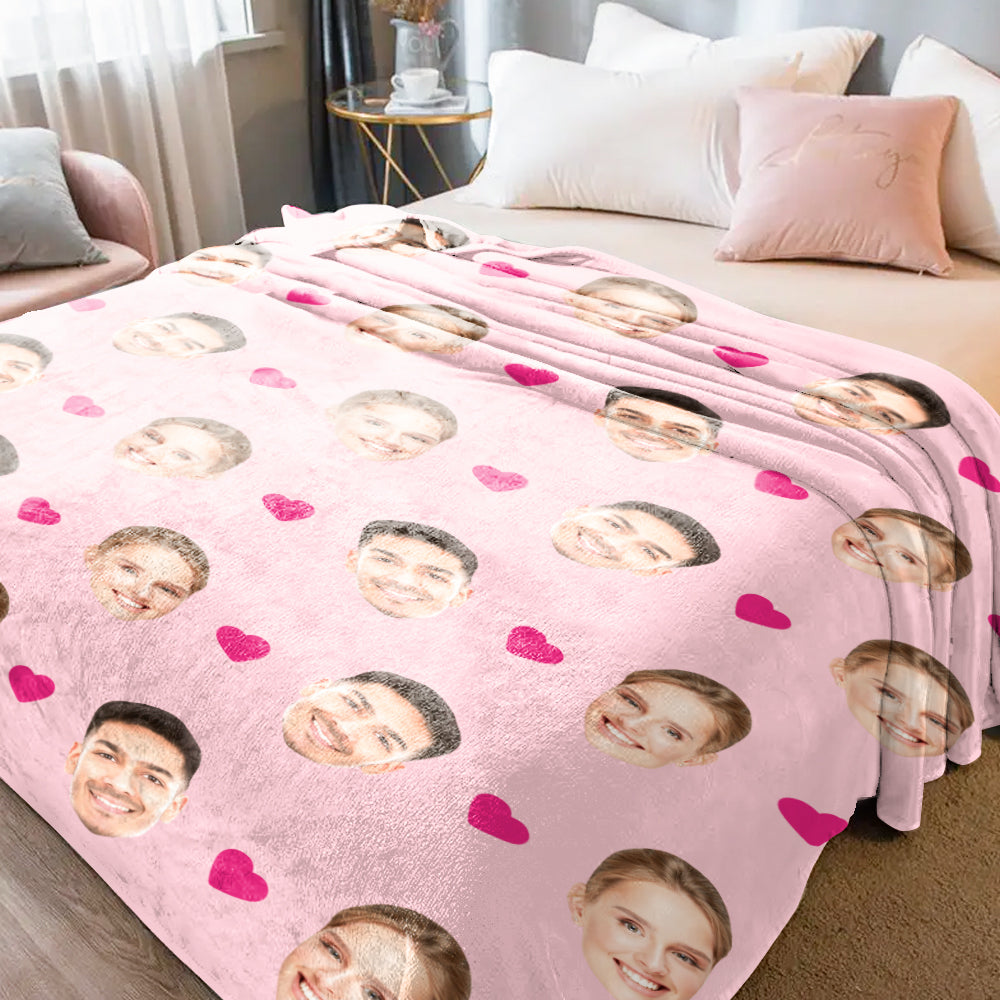 Styled shot of custom photo blanket folded beside gift box demonstrating presentation and personalised design — great for Christmas gifts for her