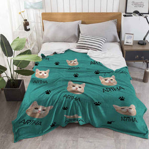 Custom Cat Face Blanket Cat Paws Personalized Pet Photo and Text Blanket