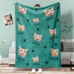 Custom Cat Face Blanket Cat Paws Personalized Pet Photo and Text Blanket