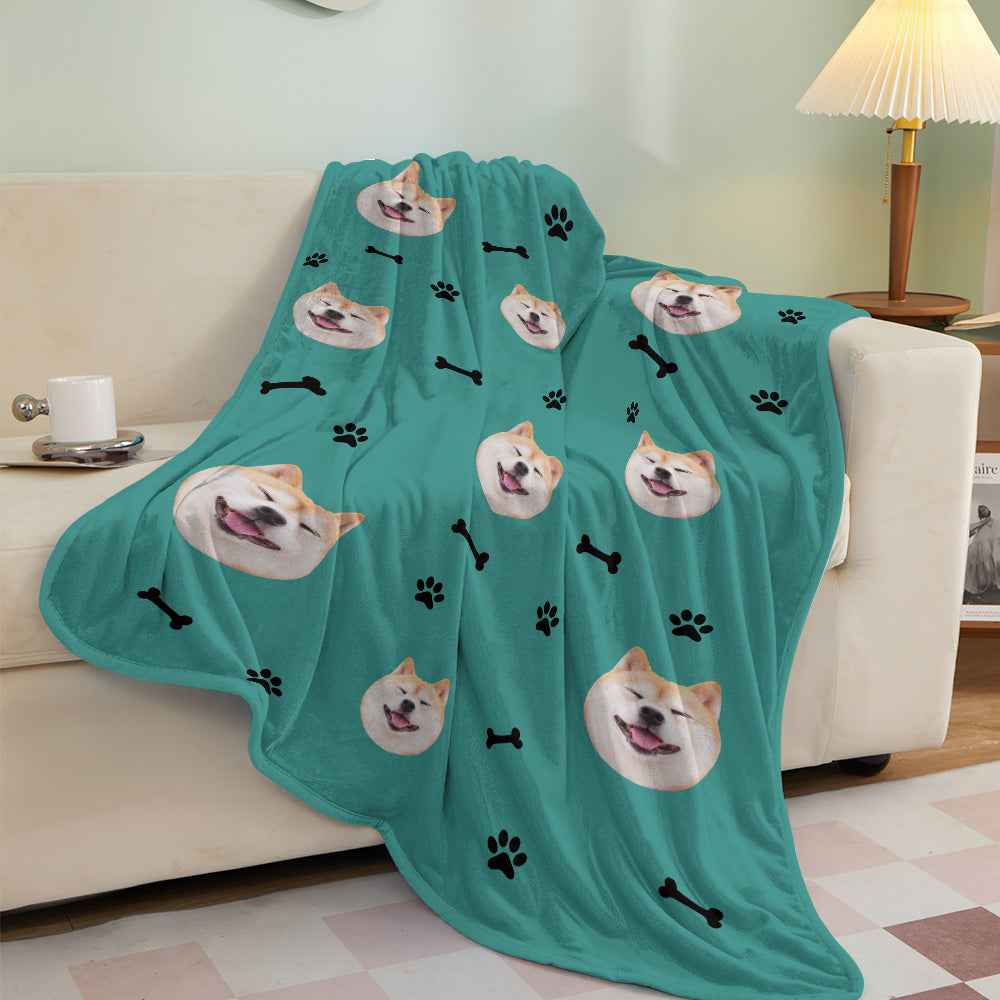 Custom Dog Face Blanket Dog Paws and Bones Spines Personalized Pet Photo Blanket