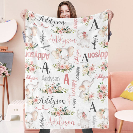 Close-up of the floral elephant motif on a personalised baby blanket with soft premium flannel