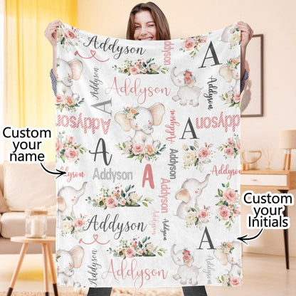 Personalised elephant blanket with floral motif and custom name on soft premium flannel – ideal baby shower gift