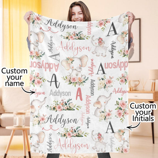 Personalised elephant blanket with floral motif and custom name on soft premium flannel – ideal baby shower gift