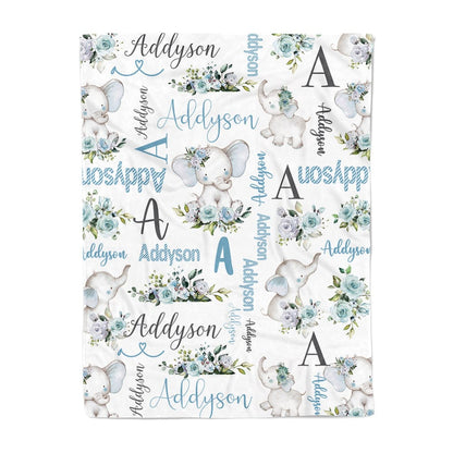 Personalised elephant blanket with floral artwork and name on soft fabric
