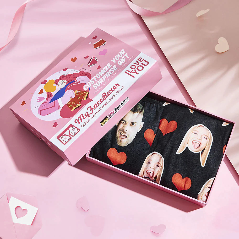 Close-up of black personalised face boxers showing vibrant love heart print and soft elastic waistband — personalised face gifts, photo face boxers