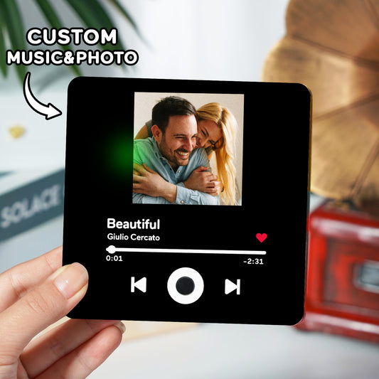 Personalised music fridge magnet — square acrylic custom photo magnet that plays a chosen song when the fridge door opens, USB Type‑C rechargeable