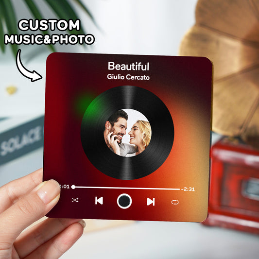 Personalised Photo Music Fridge Magnet with custom photo — plays your song when the fridge door opens; acrylic 10×10×1cm, rechargeable Type-C, perfect gift for her