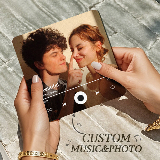 Personalised music fridge magnet with custom photo cover — acrylic album-style magnet that plays your chosen song, perfect gift for her