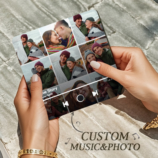 Personalised photo music fridge magnet — acrylic album-style front with custom photo; plays your song when the fridge door opens