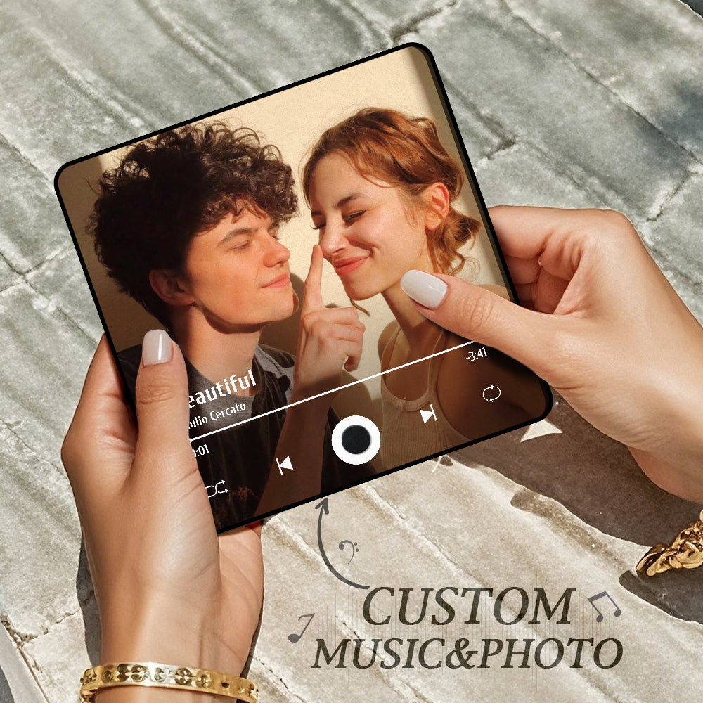 Personalised Photo Music Fridge Magnet in black frame (10 x 10 x 1 cm) showing a romantic photo — rechargeable Type‑C music module, no‑phone playback, ideal personalised gift