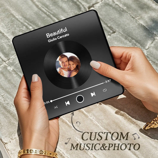 Personalised Photo Music Fridge Magnet in black frame (10 x 10 x 1 cm) showing a romantic photo — rechargeable Type‑C music module, no‑phone playback, ideal personalised gift