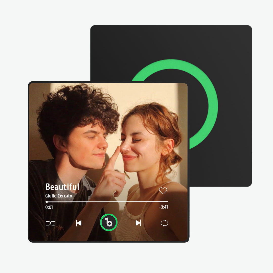 Personalised music fridge magnet displayed on kitchen fridge with custom photo and meaningful song