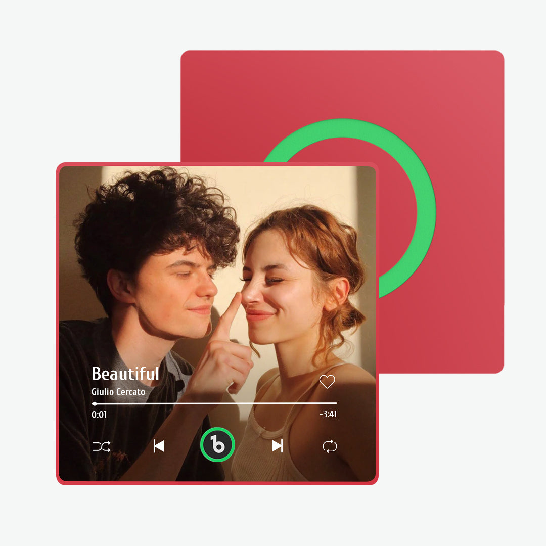 Personalised framed music magnet as a housewarming present on a kitchen fridge – custom MP3 upload for reprogramming