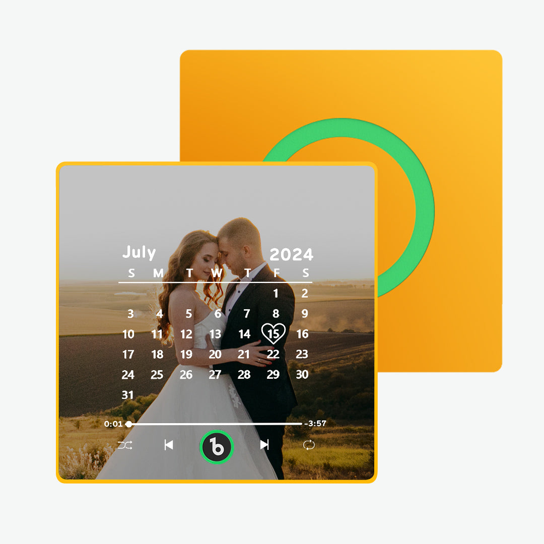 Front view of the FridgeBeats personalised music fridge magnet displaying a custom photo and personalised calendar — perfect wedding or anniversary gift