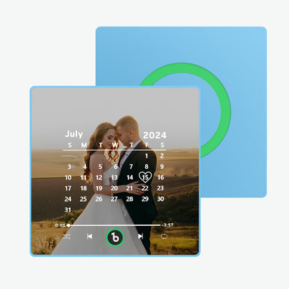 Hand-held size demonstration of the FridgeBeats personalised music fridge magnet showing the 10cm acrylic frame — ideal personalised ornament