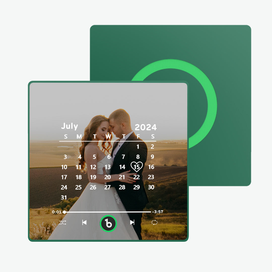 Hand-held size demonstration of the FridgeBeats personalised music fridge magnet showing the 10cm acrylic frame — ideal personalised ornament