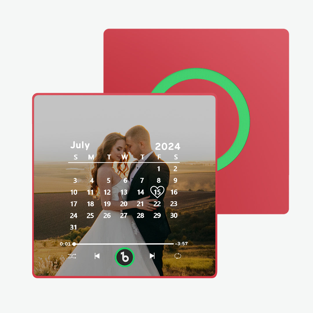 Detail showing personalised text, photo placement and framing on the FridgeBeats framed music magnet — unique sentimental gift for her or him