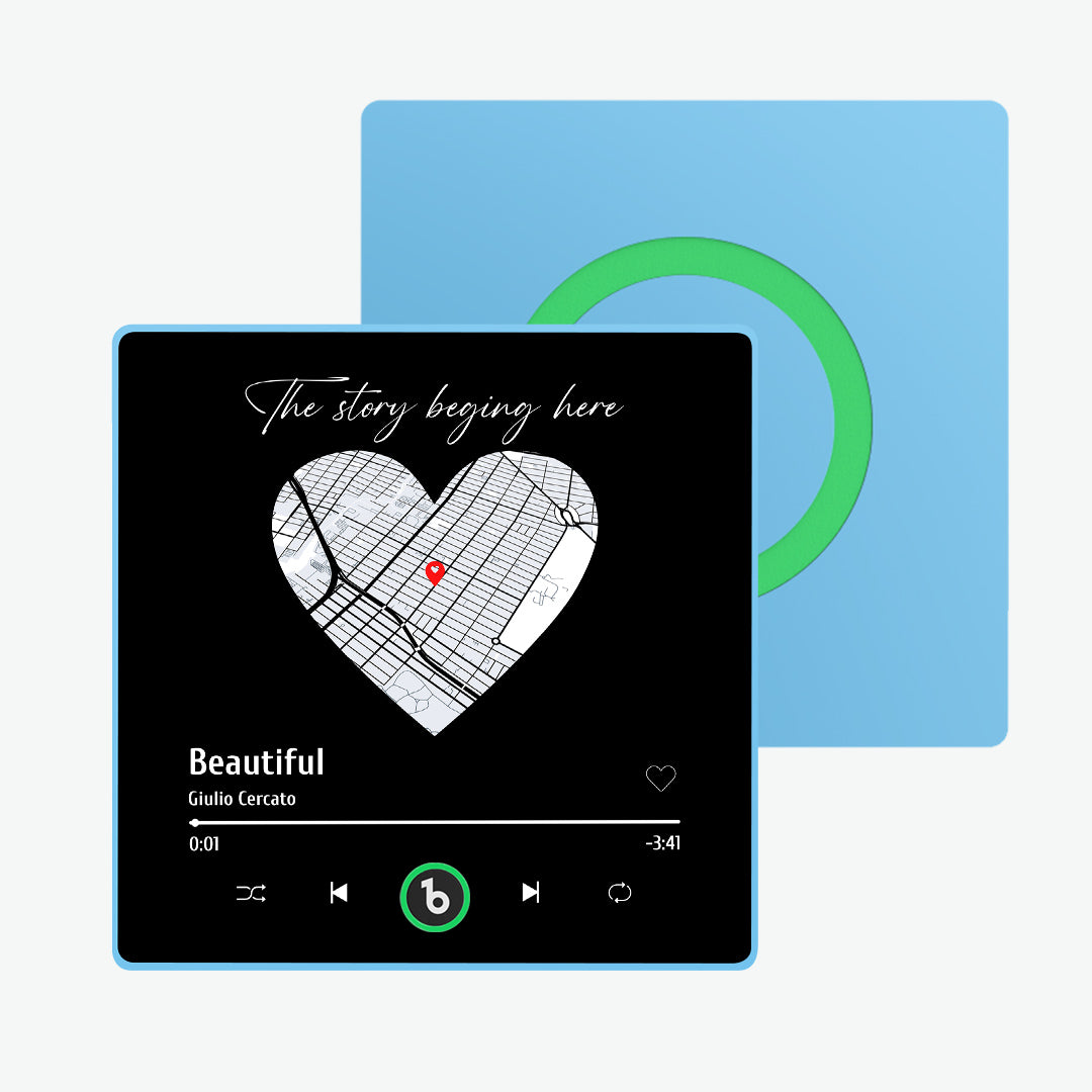 Size demonstration of FridgeBeats 10cm x 10cm acrylic music magnet held in hand — compact framed keepsake