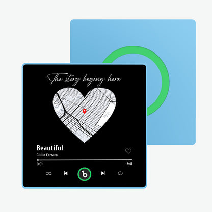 Size demonstration of FridgeBeats 10cm x 10cm acrylic music magnet held in hand — compact framed keepsake