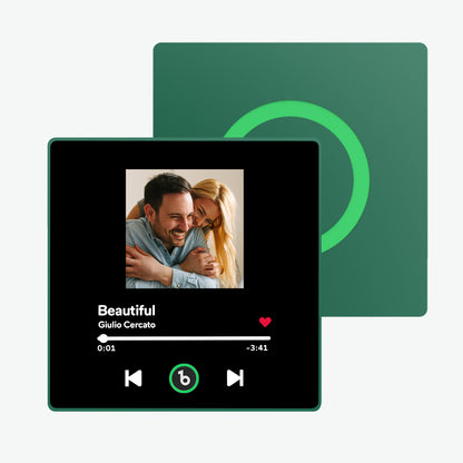 Hand holding 10cm FridgeBeats framed music magnet to show scale – compact personalised keepsake for couples and partners