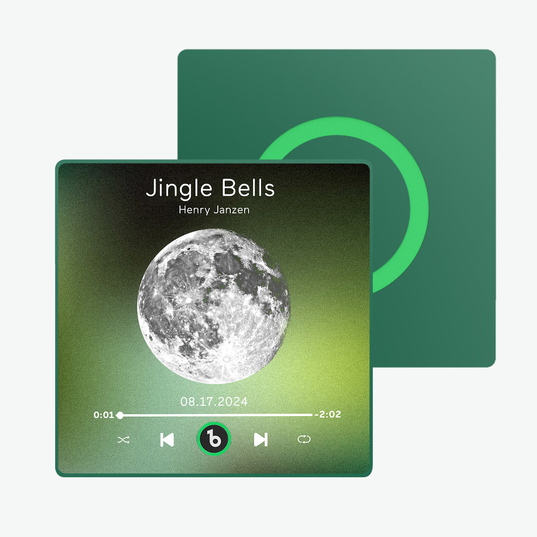 FridgeBeats 4.0 packaging with included charging cable and instruction card — ready-to-gift personalised music fridge magnet and song keepsake