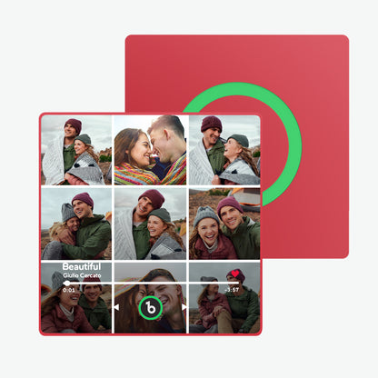 Close-up of the FridgeBeats acrylic frame edge showing glossy print quality and high-resolution photo reproduction for a personalised singing fridge magnet