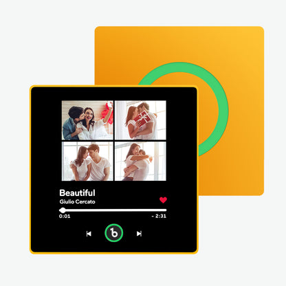 Close-up of personalised text engraving option on FridgeBeats framed music magnet