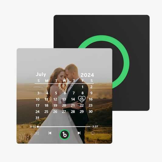 FridgeBeats Personalised Music Fridge Magnet 4.0 — frameless acrylic square showing a custom photo and MP3 play button, personalised wedding or anniversary gift
