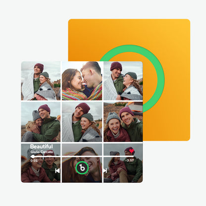Lifestyle shot of the personalised singing fridge magnet attached to a kitchen refrigerator alongside photos — romantic custom music gift for wife, husband or partner