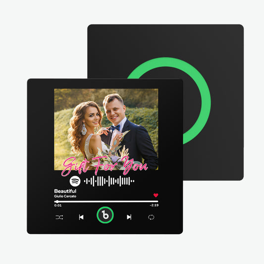 FridgeBeats 4.0 Pro frameless personalised music & photo fridge magnet featuring a custom photo and play icon — Bluetooth personalised singing magnet