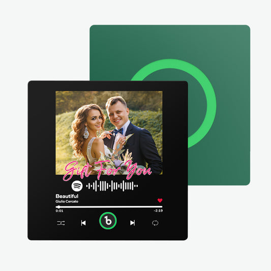 FridgeBeats 4.0 Pro frameless personalised music & photo fridge magnet featuring a custom photo and play icon — Bluetooth personalised singing magnet