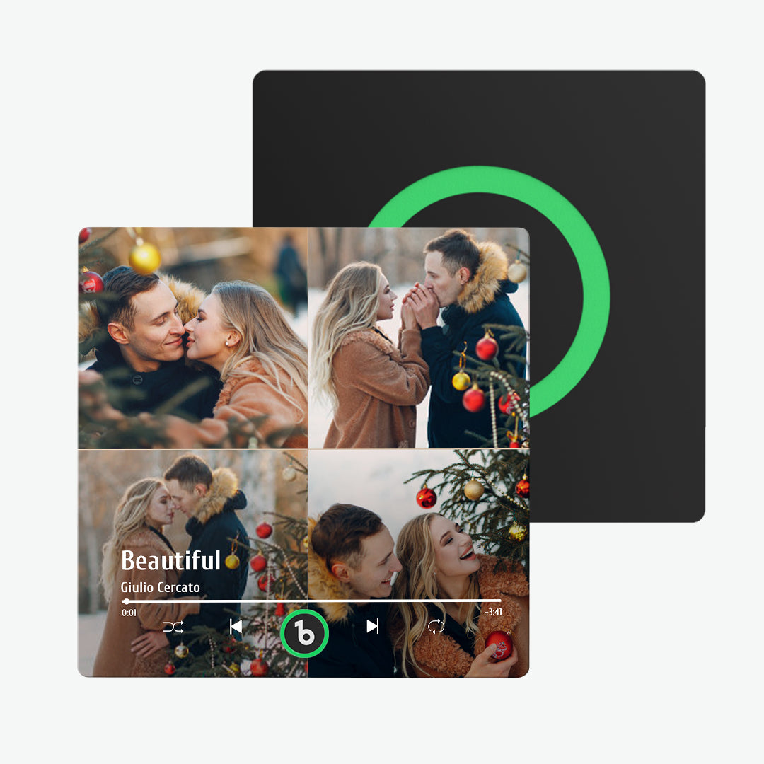 FridgeBeats frameless personalised music fridge magnet — colourful acrylic album-style face, playable album magnet that plays your chosen MP3, rechargeable and waterproof
