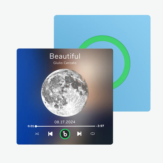 FridgeBeats frameless acrylic custom music fridge magnet front view — Moon Phrase album design, personalised song playback