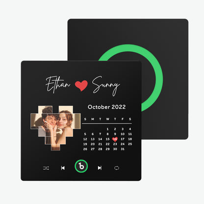 Side view of FridgeBeats 10cm frameless music magnet showing slim 1cm acrylic profile and discreet charging port — personalised photo playback