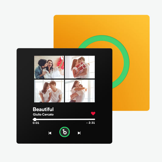 FridgeBeats Frameless Personalised Music Fridge Magnet in colourful album style with four photos on a fridge — custom MP3 soundtrack gift for girlfriend