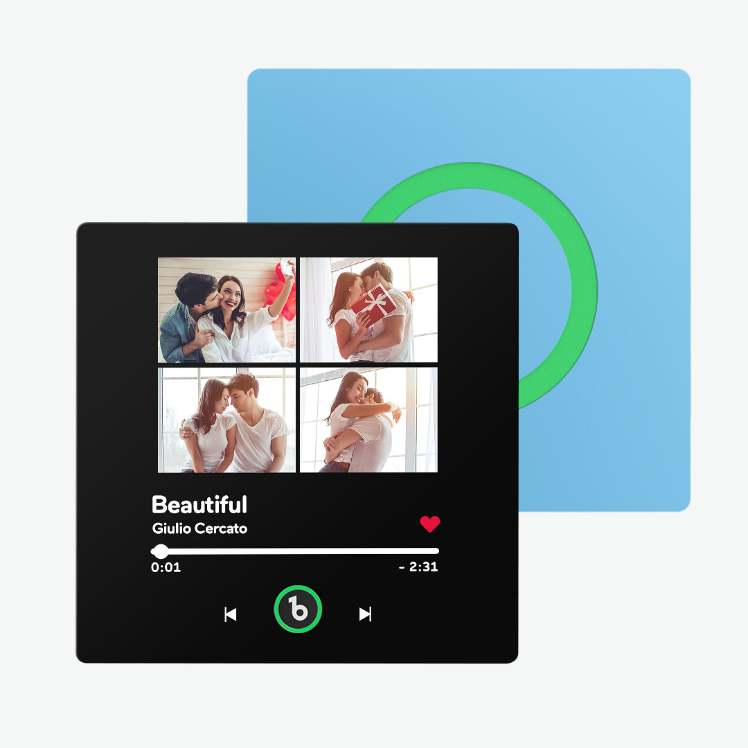FridgeBeats frameless music fridge magnet stuck to a refrigerator door showing compact 10cm square size, personalised photos and vibrant album colours