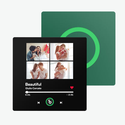 Size demonstration of FridgeBeats personalised magnet 10cm x 10cm x 1cm beside everyday items — compact decorative music player with custom song upload