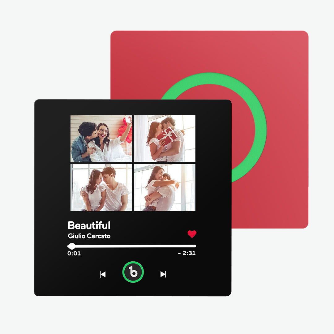 Feature icons for FridgeBeats personalised music fridge magnet highlighting non-toxic materials, low-power design, waterproof durability and easy MP3 customisation