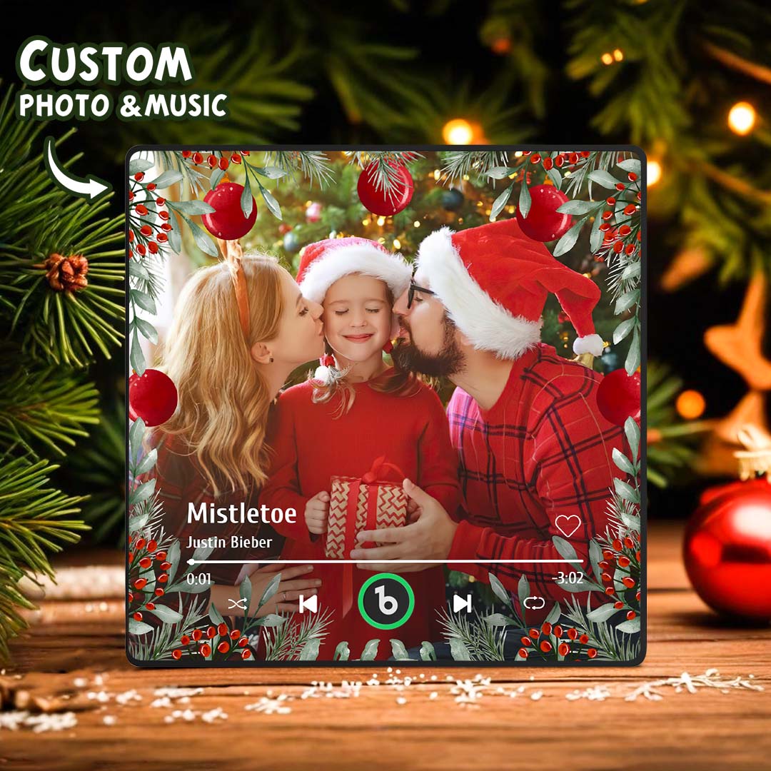 Slim 10cm × 10cm framed personalised photo magnet with built-in music player — waterproof and rechargeable custom music gift