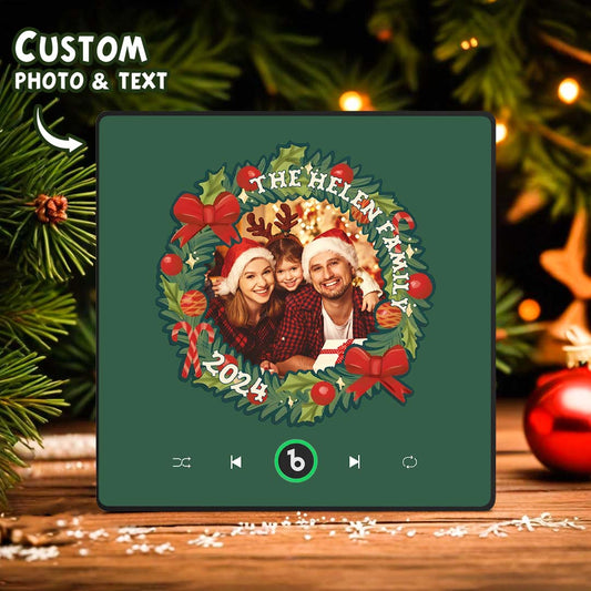 FridgeBeats personalised Christmas wreath photo music fridge magnet, acrylic 10cm × 10cm, plays your uploaded MP3 when pressed — custom photo music magnet