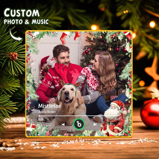 FridgeBeats framed personalised music fridge magnet showing a custom family photo and play button — playable Christmas gift