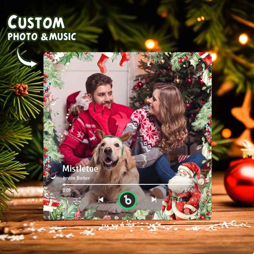 FridgeBeats frameless personalised family photo music fridge magnet — acrylic square showing custom photo and play button, rechargeable speaker