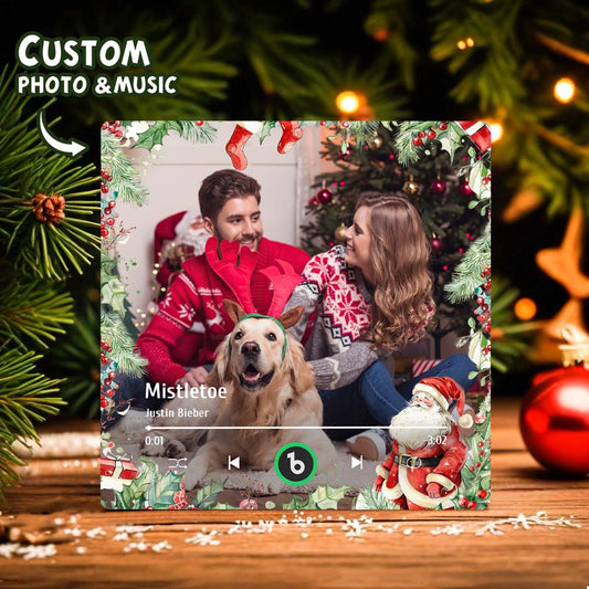 FridgeBeats frameless personalised family photo music fridge magnet — acrylic square showing custom photo and play button, rechargeable speaker