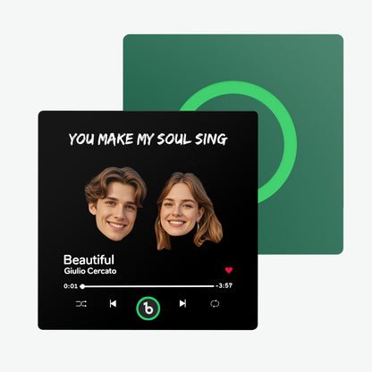 Frameless personalised music fridge magnet with custom couple photo and text on premium acrylic — 10cm x 10cm album magnet for anniversaries and Valentine’s gifts